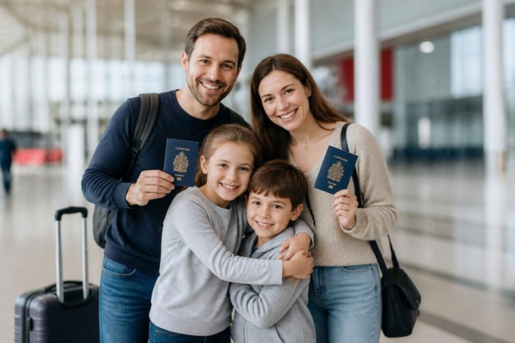 Havalimanında Kanada pasaportlarıyla mutlu dört kişilik aile