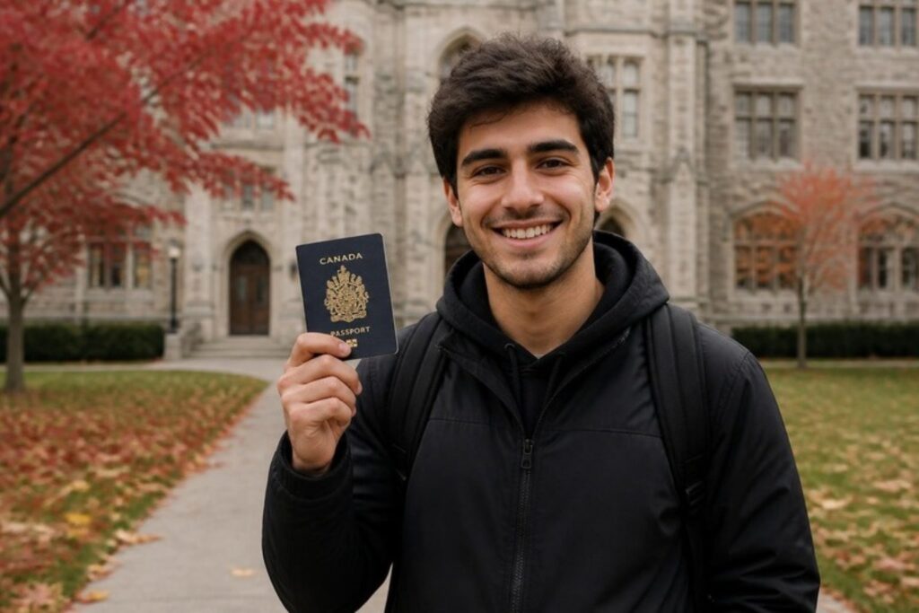 Kampüste Kanada pasaportunu gösteren mutlu öğrenci